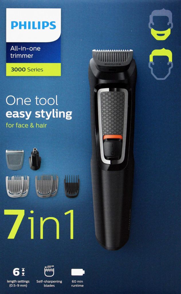 Philips MULTIGROOM Series 3000 MG3720/15 7-in-1, für Gesicht und Haare, Schwarz, Rechteck, Bart, Ohr, Augenbraue, Schnurrbart, Nase, Edelstahl, Ak...