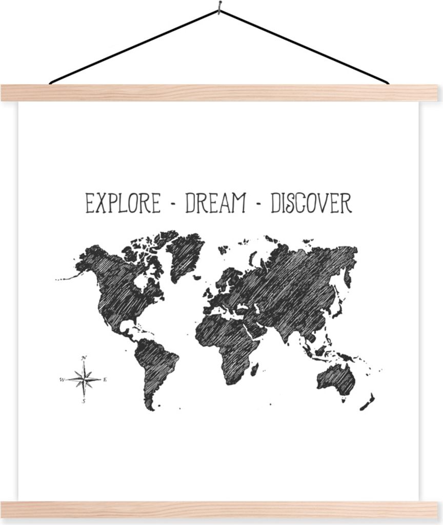 MuchoWow Textilposter Weltkarte - Kompass - Zitat 120x120 cm mit holzfarbenen Rahmen - Textil-Poster