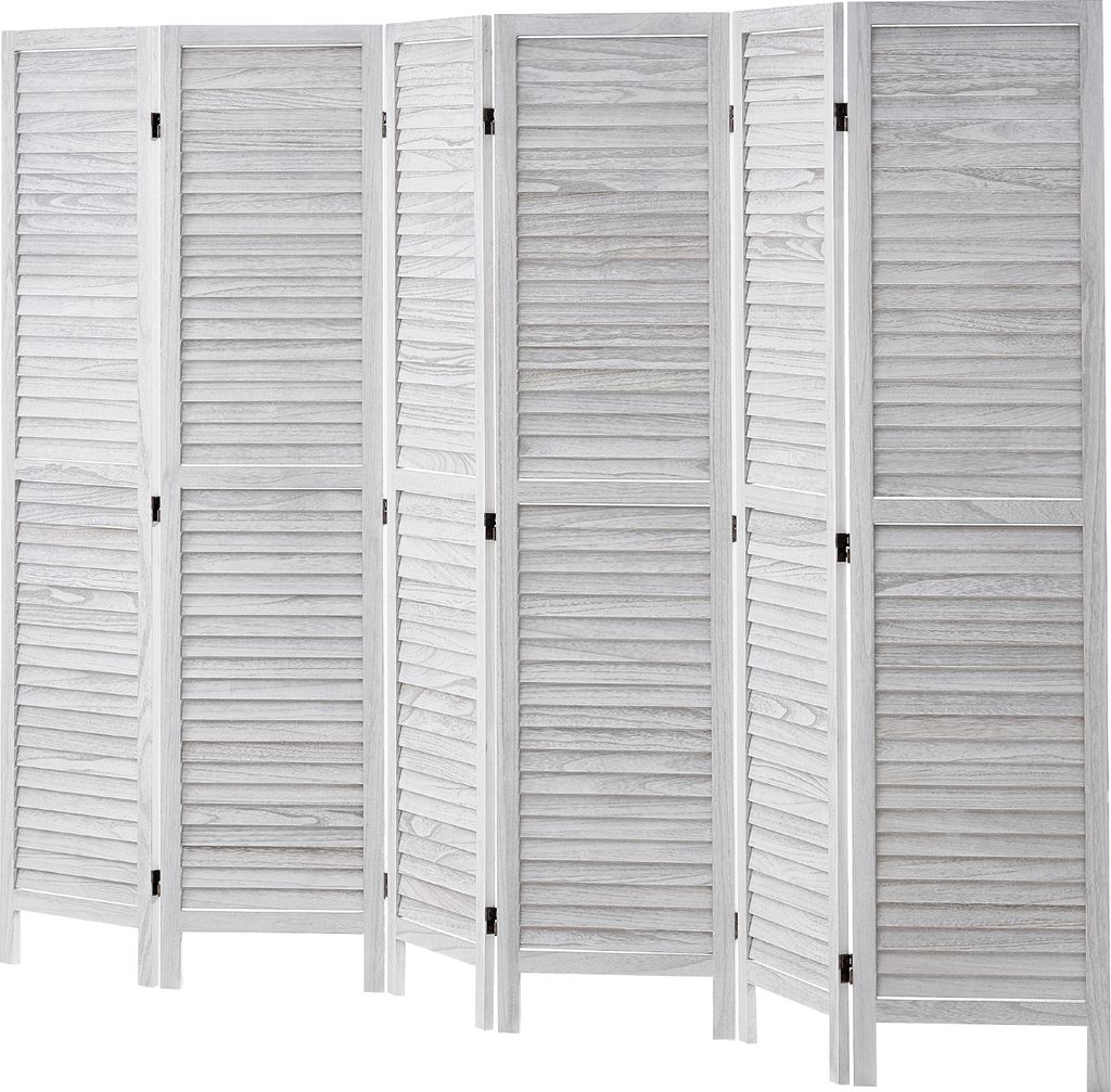 A white wooden room divider with six folding panels, each featuring horizontal louvers.