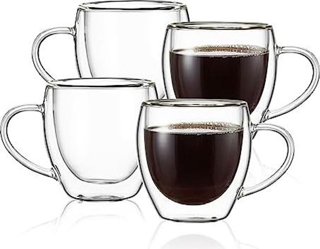 CNGLASS Espressobecher Set 4x150ml, doppelwandige Isolierglas-Kaffeebecher mit Griff, Espresso-Schnapsgläser, klare Expresso-Kaffeetassen
