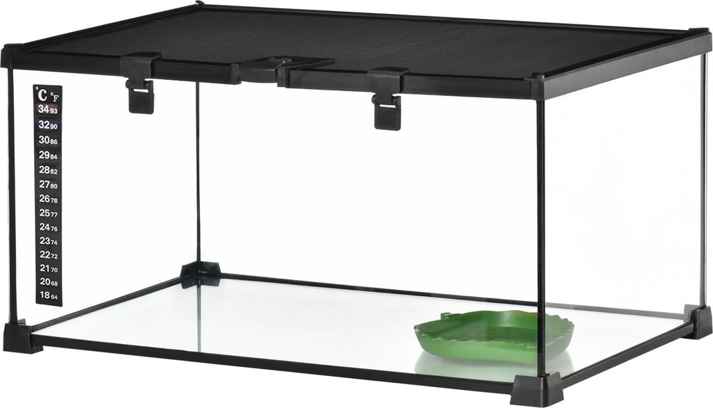 Reptilienbox Terrarium, inkl. Streifenthermometer, Fütterungsklappen, 50 cm x 30 cm x 25 cm, Glas + Metall, Schwarz