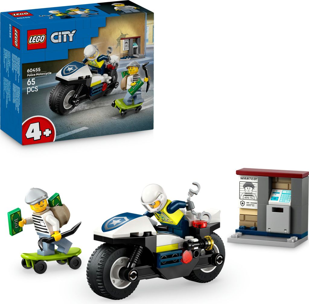 LEGO City Verfolgungsjagd mit dem Polizeimotorrad – Spielset mit Motorrad, Skateboard, Geldautomaten und 2 Mini-Figuren – Geburtstagsgeschenk f...