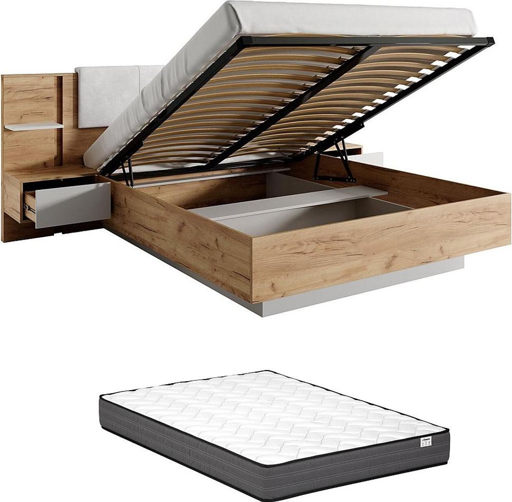 Bett mit Kommode und Nachttischen 160 x 200 cm - Mit LED-Beleuchtung - Natur und weiß + Matratze - ELYNIA