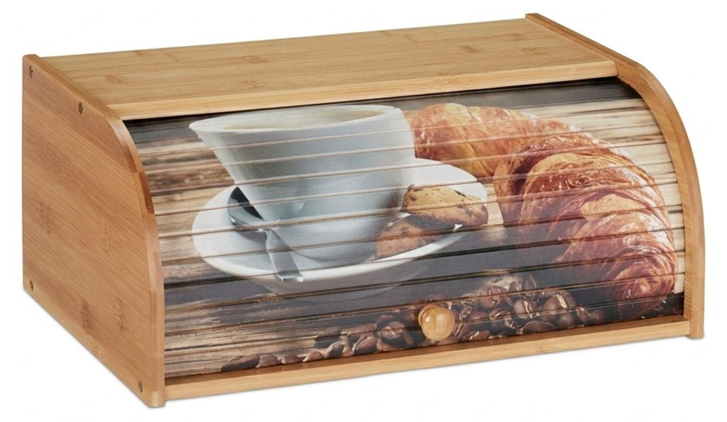 Relaxdays Brotkasten Bambus, Rolldeckel mit Motiv, Produktbild 