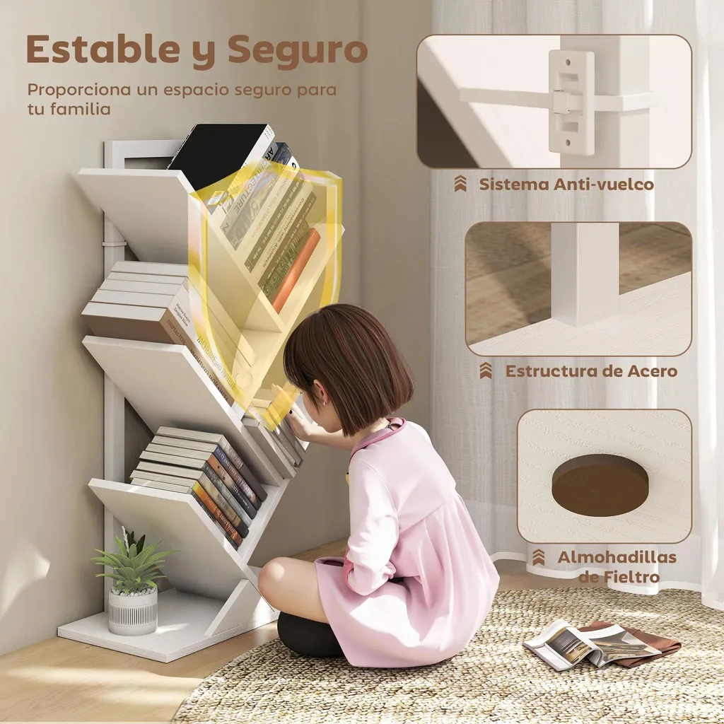Bibliothèque Arbre Stable Anti-Chute : Range-Livres Design Blanc - 4