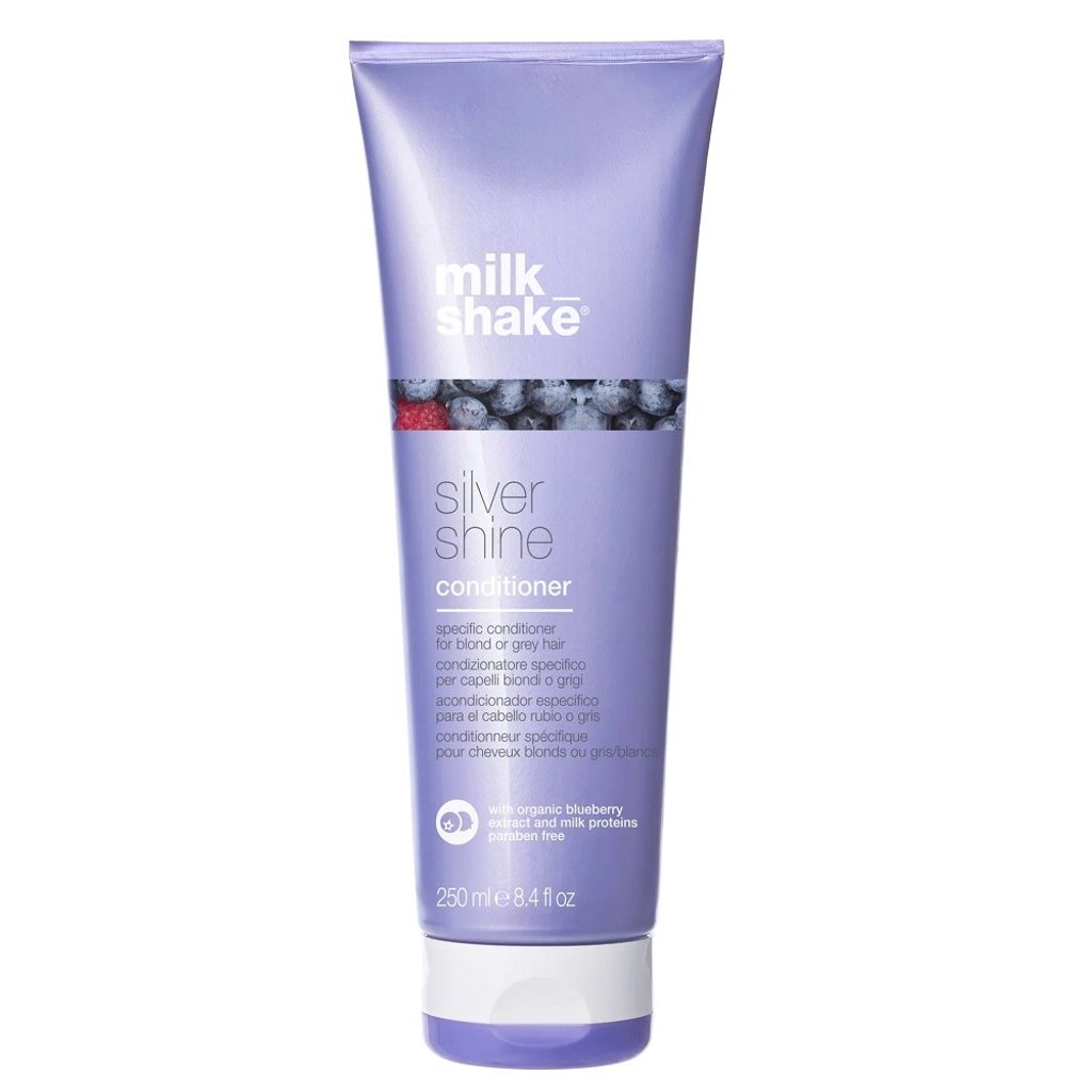 A tube of Milk_Shake Silver Shine Conditioner against a white background.
