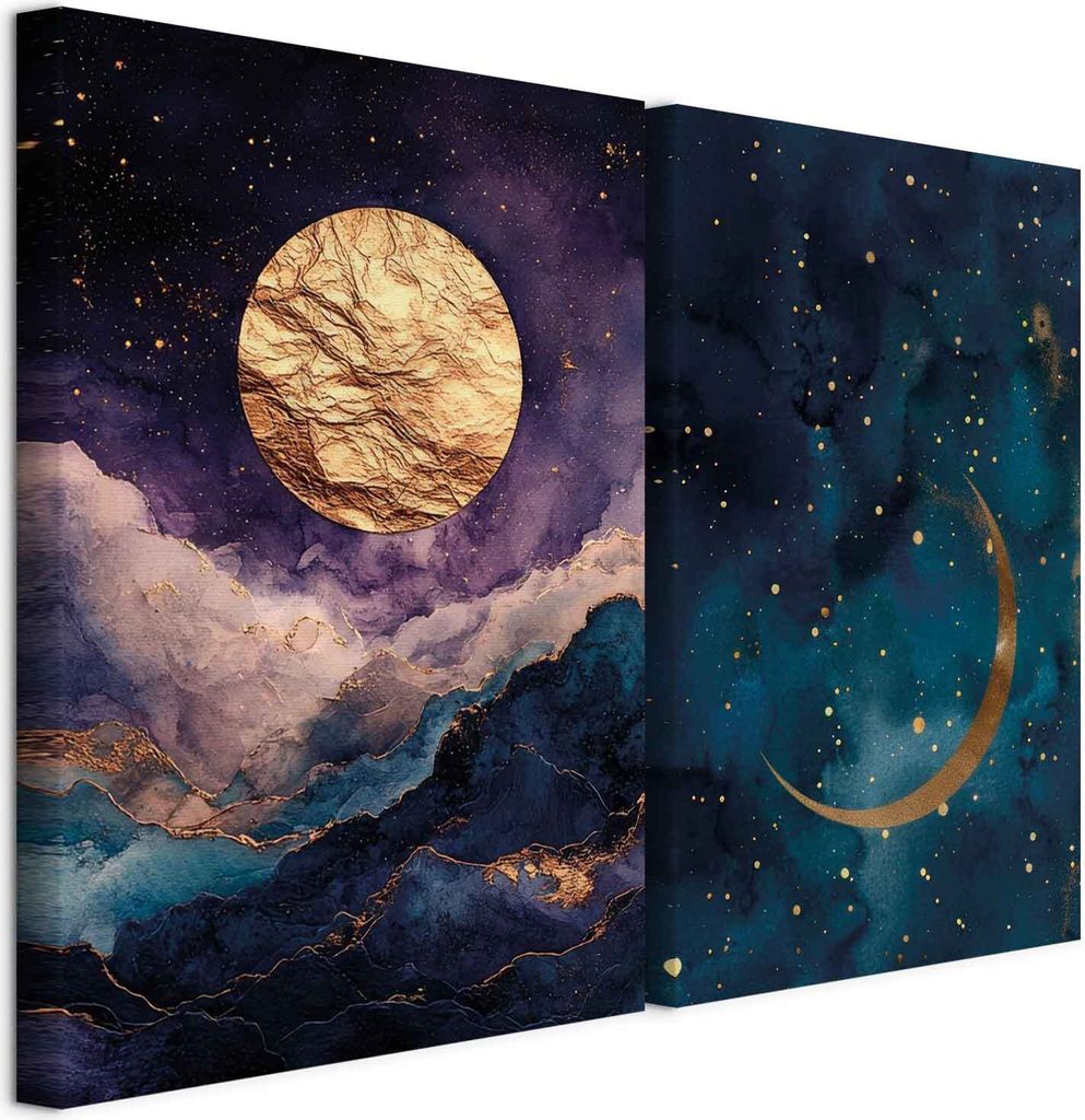 murando - Akustikbild Bilder Set Mond über Abstrakten Bergen 120x90cm 2 Teilig je 60x90cm Collage 2er Akustikschaum Schallschutz Akustikpaneele Gr...