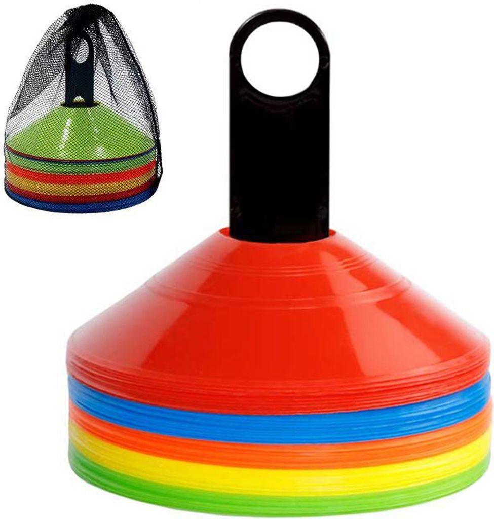 50 Stück Agility-Fußballkegel, Fußball-Trainingsgeräte mit Tragetasche, leuchtende Farben, wiederverwendbare Sport-Trainingskegel, Übungsausr...