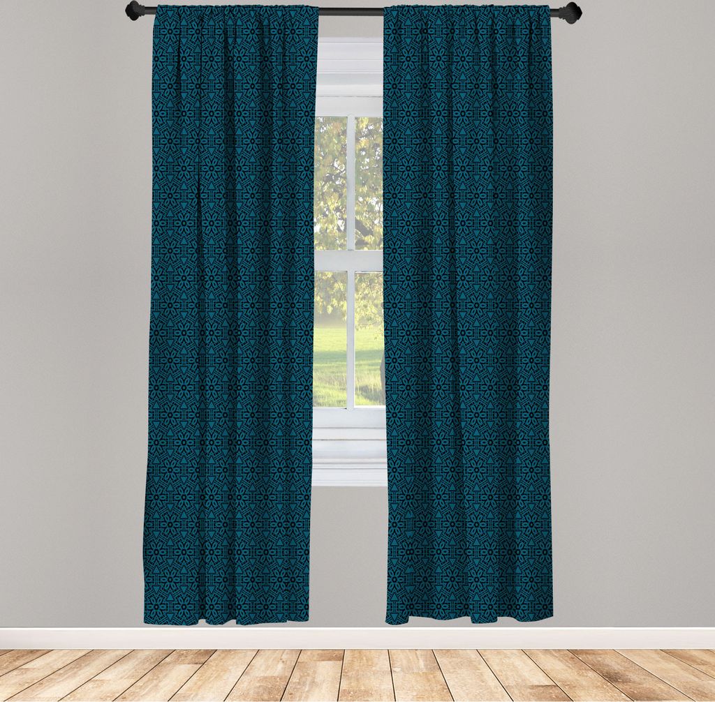 ABAKUHAUS Ethnisch Vorhänge, Gardinen, Folkloric Dunkel getönt Muster mit Blumen Lattice Vintage-Themed, 2 Stück 75 x 225 cm, , Blau Koksgraue