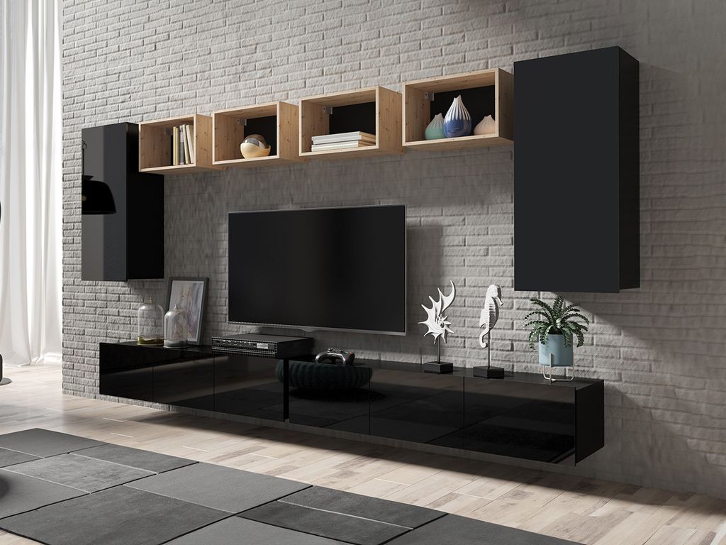 Wohnwand CALABRINI-35 Wohnzimmer-Set Hängewohnwand Schrankwand Schrank TV-Schrank Moderne Anbauwand Hochglanz (Schwarz / Artisan Eiche)
