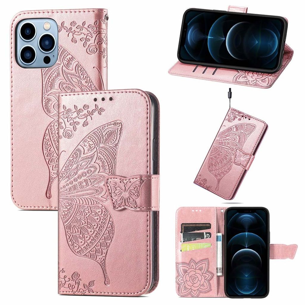Smartphonica iPhone 12 Pro Max Kunstlederhülle mit Schmetterlingsdruck - Pink Gold