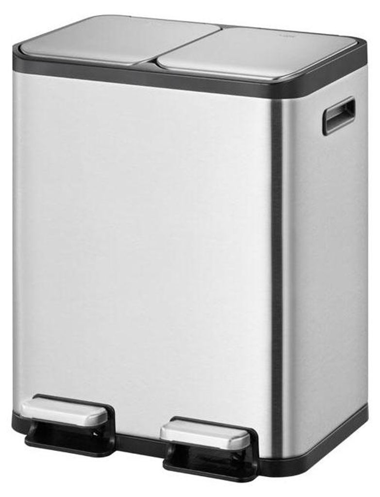 A stainless steel dual-compartment trash can with foot pedals.