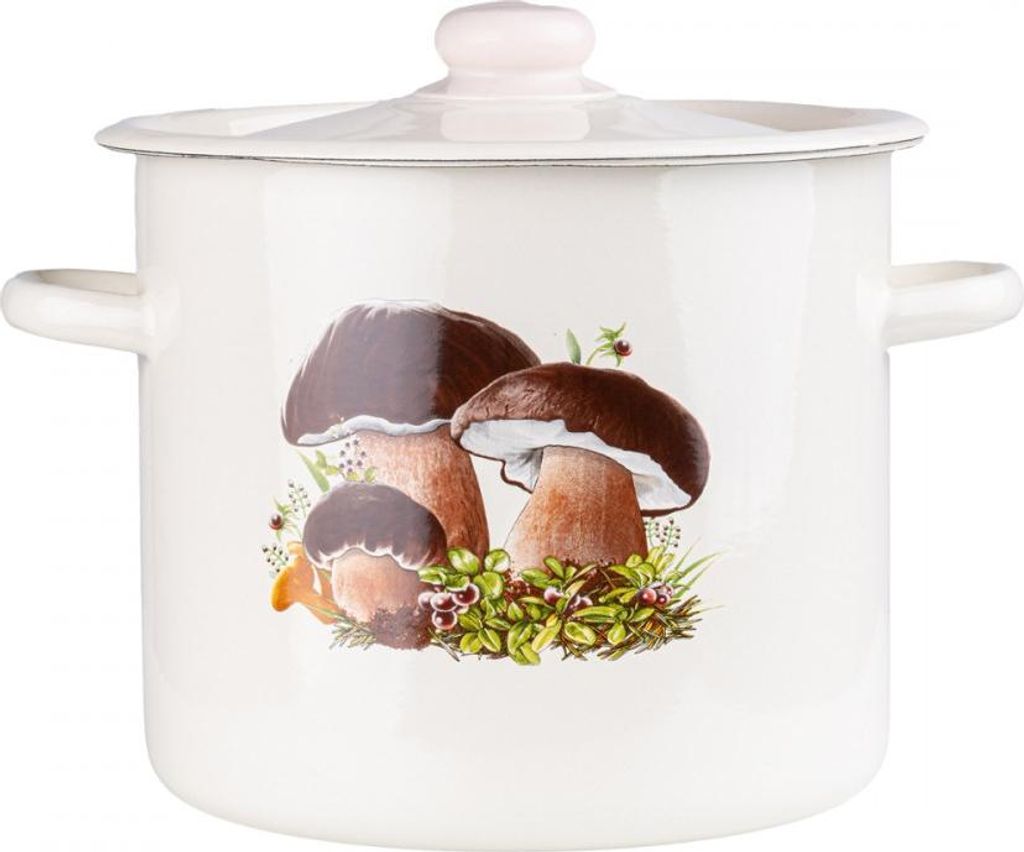 A white enamel pot with a lid, decorated with a print of mushrooms and foliage.