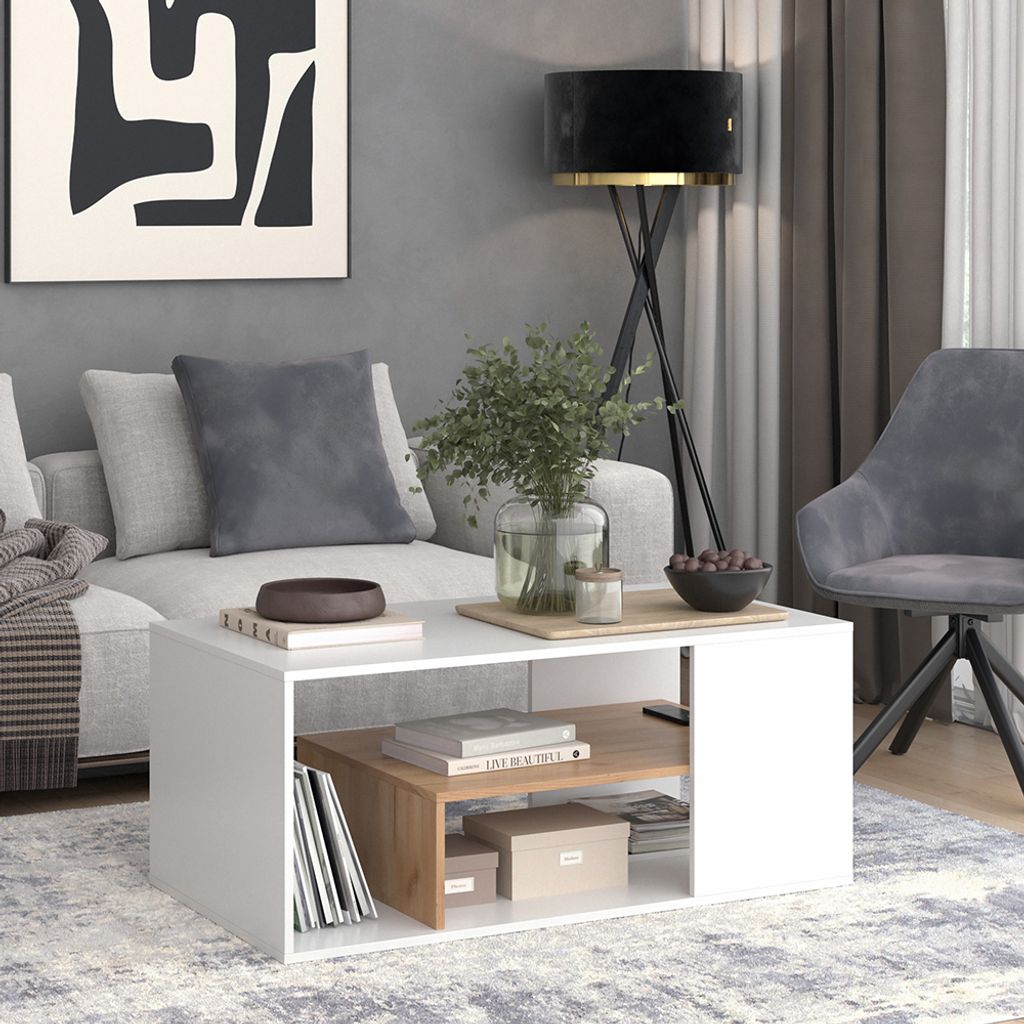 Vicco Couchtisch Edgar, 110 x 59 cm, Weiß/Goldkraft Eiche