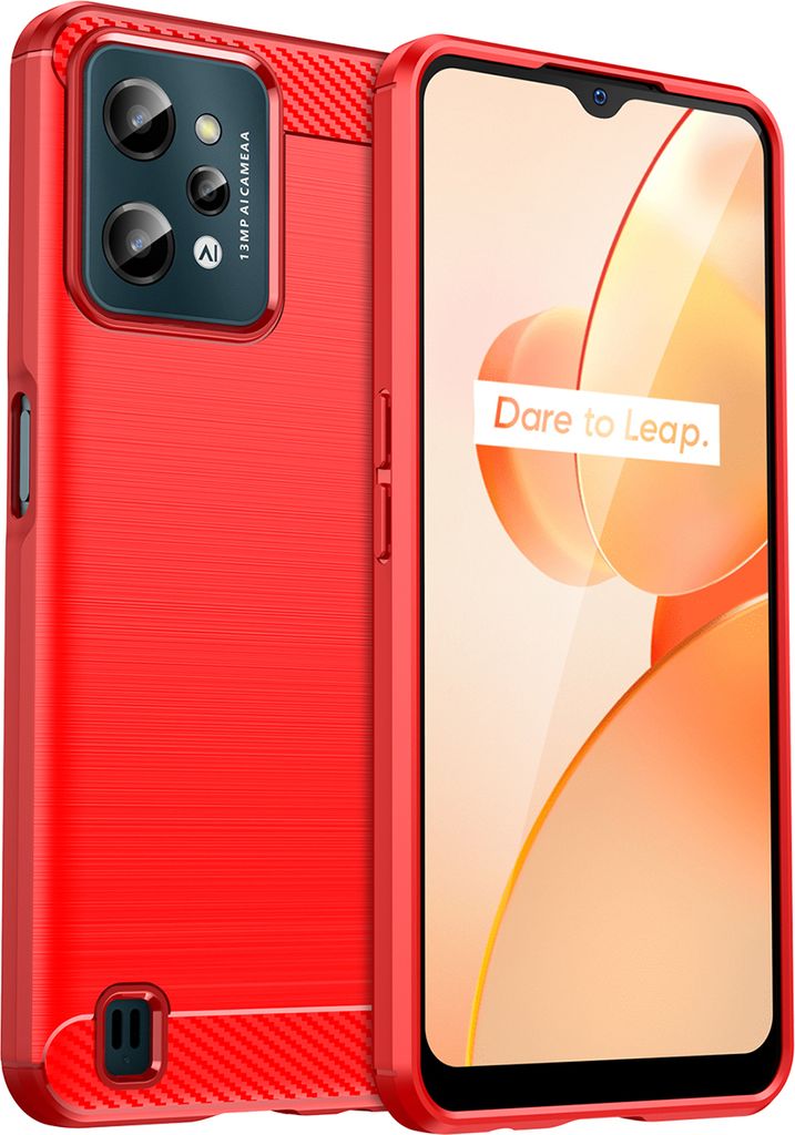 Realme C31 Hülle, Carbon-Faser TPU Silikon Stoßfest Schutzhülle für Realme C31 Rot