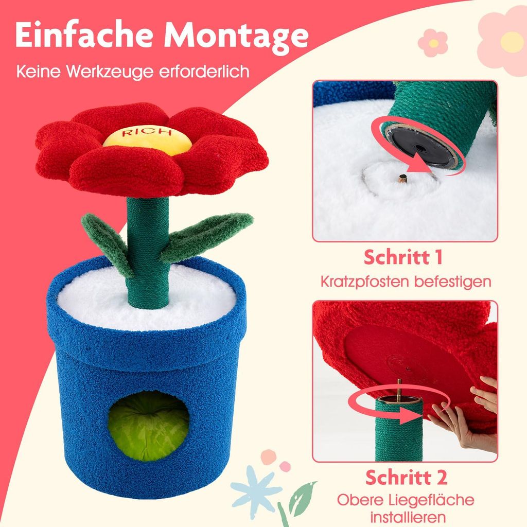 GOPLUS kleiner Katzenturm, Katzenbaum mit Blumen-Plattform, Kratzbrett, Kissen, faltbaren Blättern, Aktivitätscenter für Haustiere (Rot + Blau)