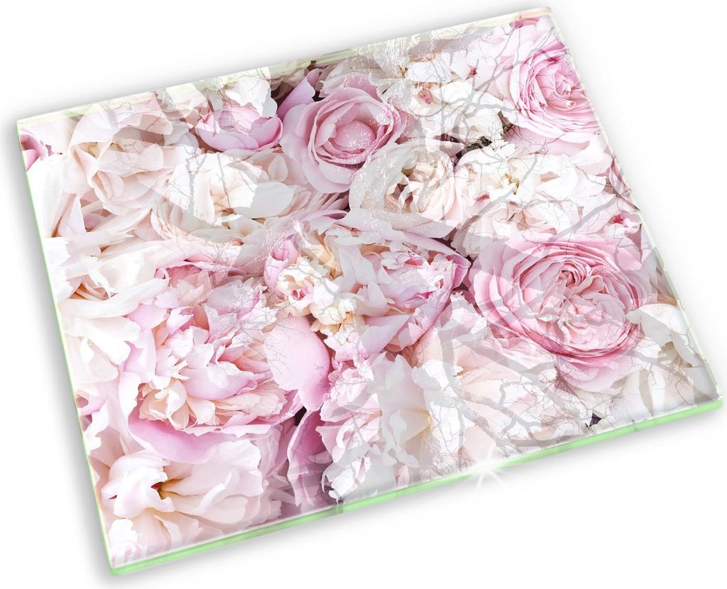 Glasplatte für Grabkerzen Gummifüße Glas Motiv - 60x52 cm - Pfingstrosenstrauß