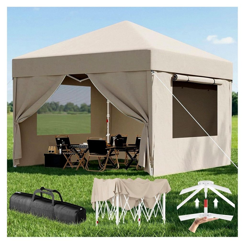 Belüftetes Netzfenster Faltpavillon, 3x3 wasserdicht und stabil, winterfest, Pop-up Pavillon mit Seitenwänden, UV-Schutz 50+, Partyzelt für Gär...