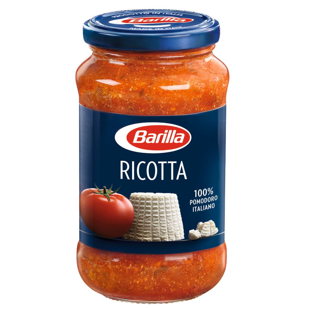 A jar of Barilla Ricotta sauce is shown against a white background.