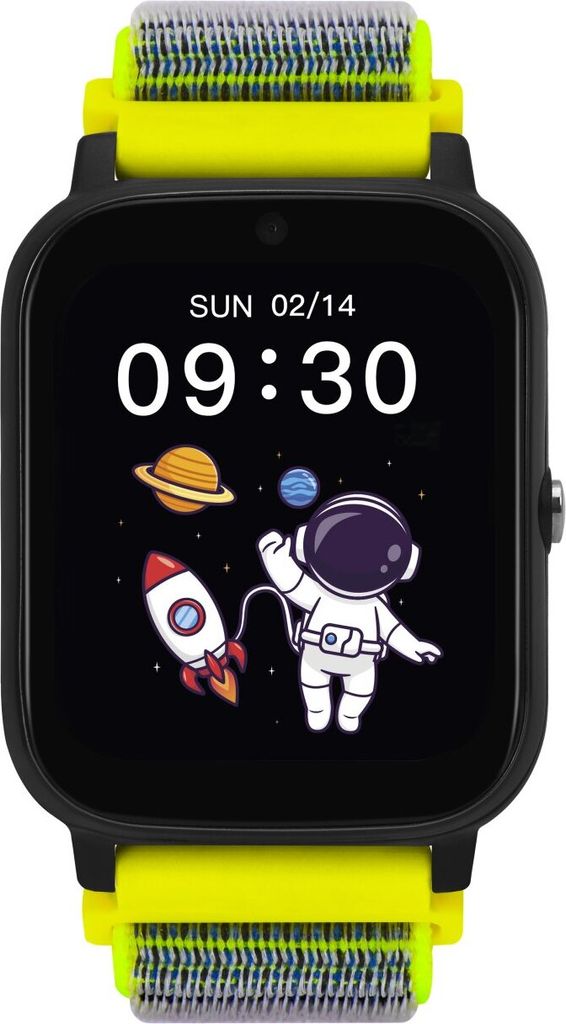 A smartwatch with a space-themed watch face.