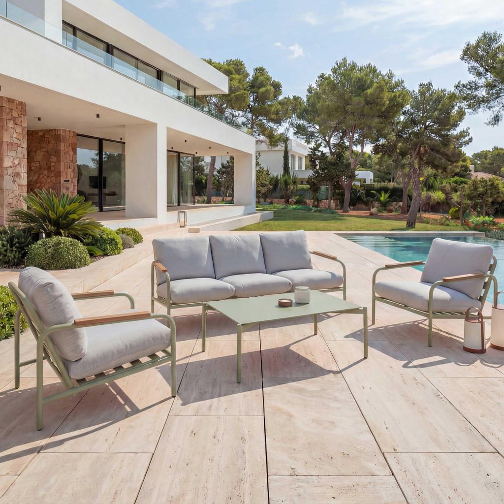 Aluminium-Gartengarnitur HWC-O11, Outdoor 3-Sitzer Sitzbank Sessel Sofa, Olefin (205 g/m²) hellgrün Polster beige
