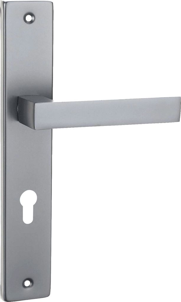 A silver-colored door handle with a rectangular plate and a keyhole cutout, set against a white background.
