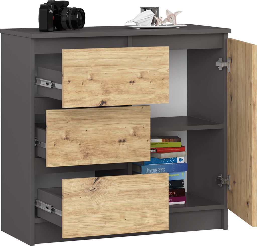 Kommode AKORD JERRY Graphitgrau 80 cm Tür 3 Schubladen 2 Produktbild 