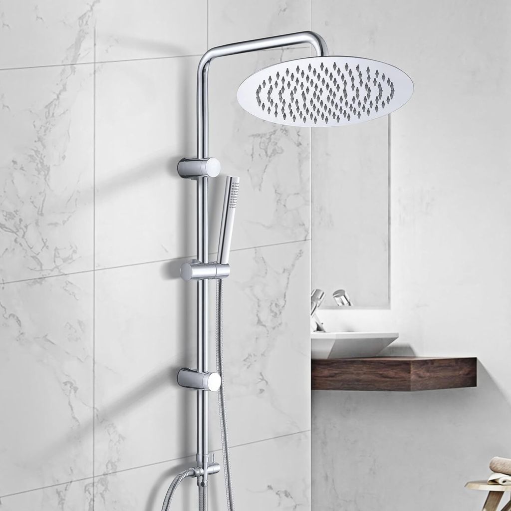 Edelstahl Duschsystem ohne Armatur, Chrom Regendusche Duschset mit Wandhalterung, Duschkopf mit Schlauch, Duschstange und Kopfbrause, Rund D30 cm