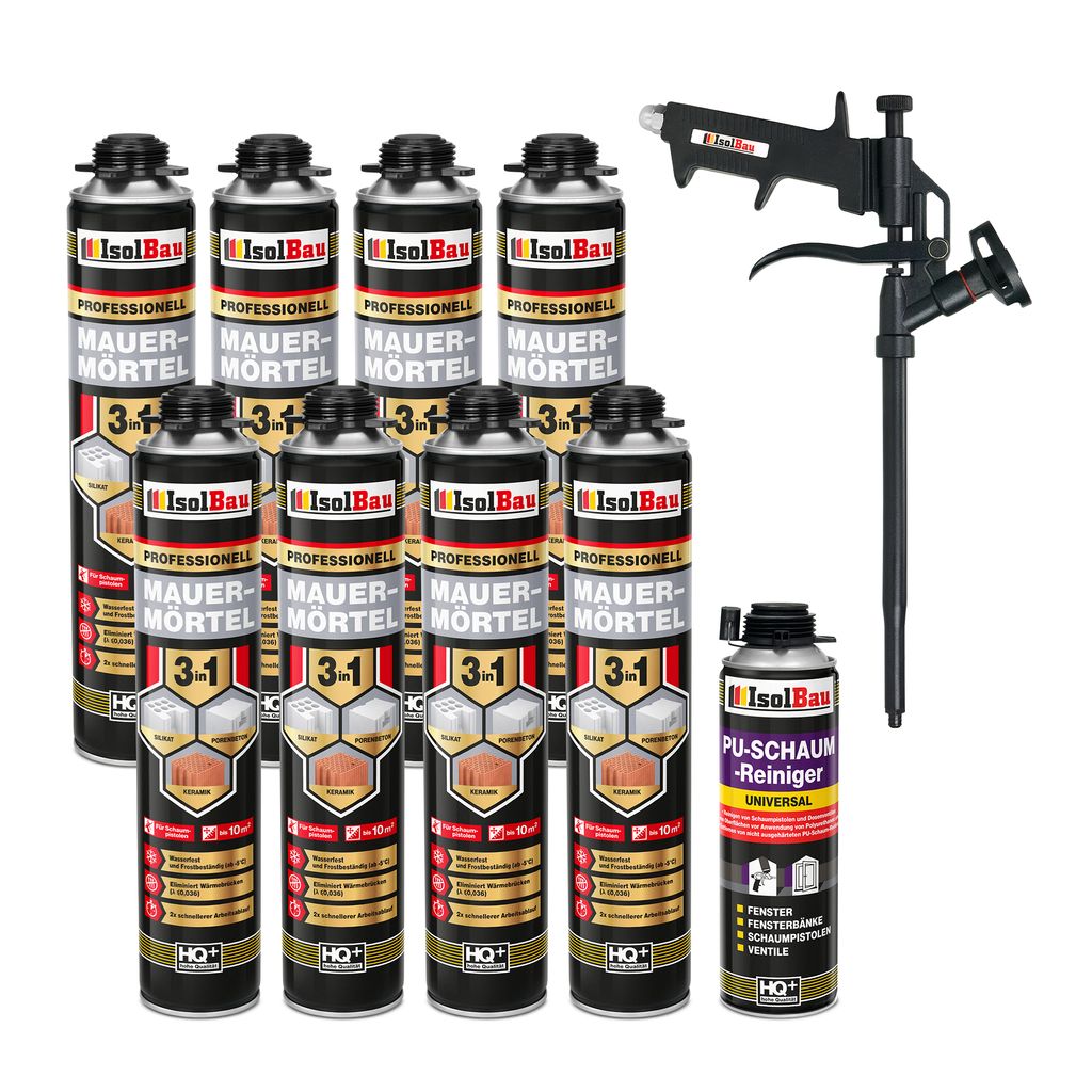 Isolbau Mauermörtel Pistolenschaum SET - Teflon Schaumpistole, PolyurethanReiniger Montageschaum Klebeschaum PolyurethanMörtel 8 x 750ml