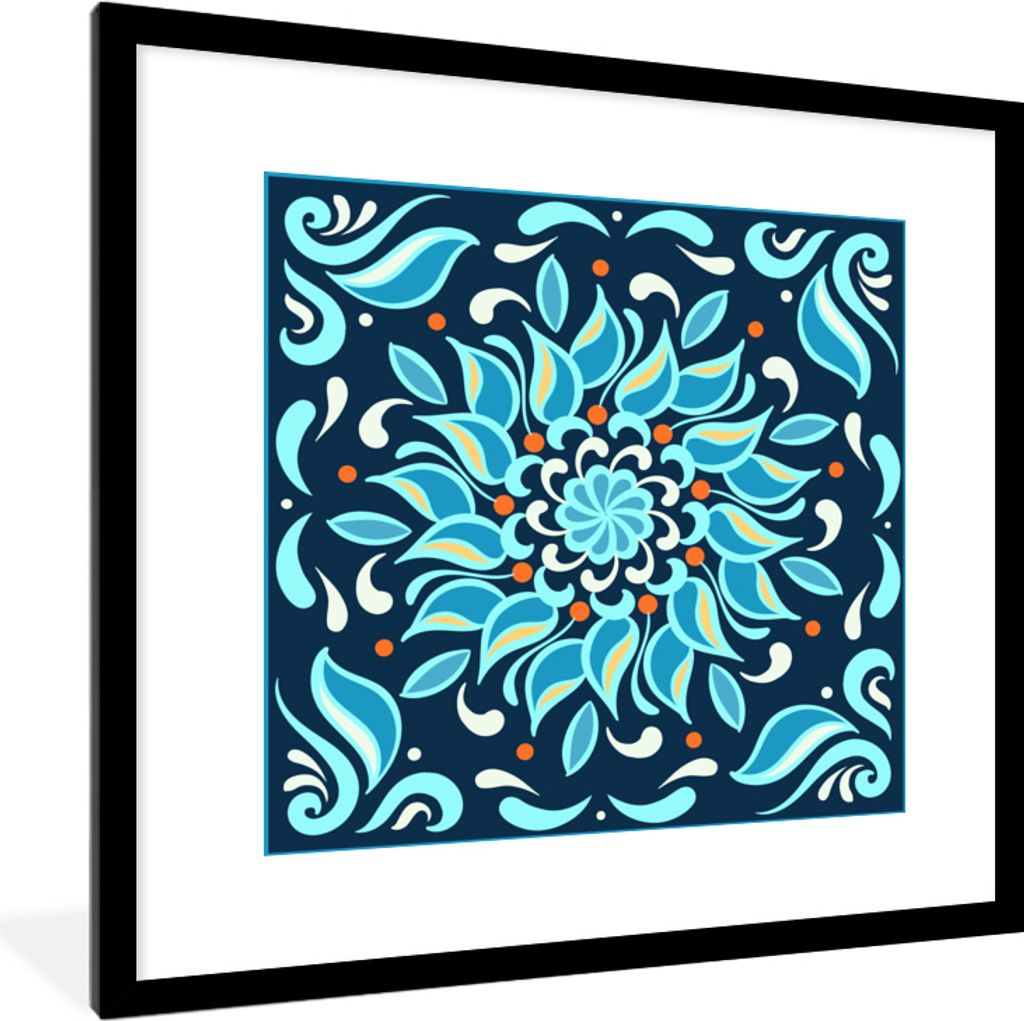 MuchoWow MuchoWow Gerahmtes Poster Blume - Blau - Quadratisch - Muster 40x40 cm - Poster mit zchwarzem Bilderrahmen - Poster - Plakat im Rahmen