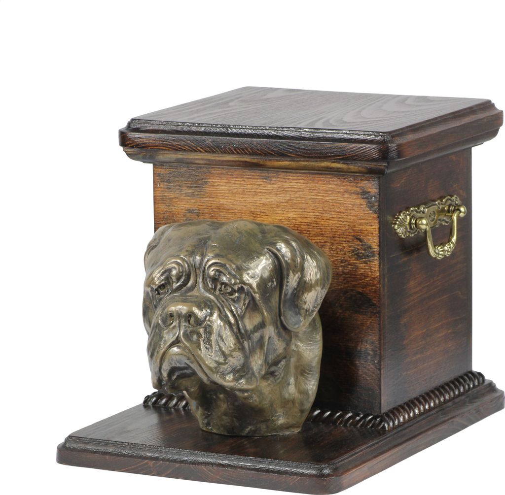 Bordeauxdogge, Dogue de Bordeaux - Eine Urne für die Asche eines Hundes mit einer Statuette, eine elegante Urne für einen Hund, eine außergewöh...