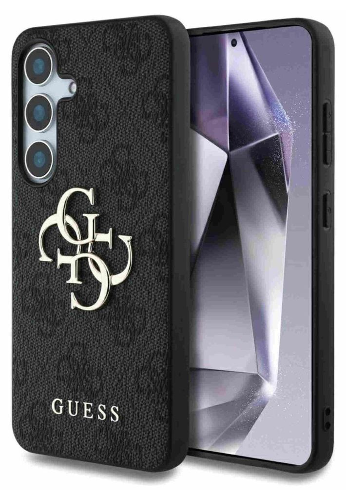 A black phone case with the Guess logo is shown next to a smartphone.