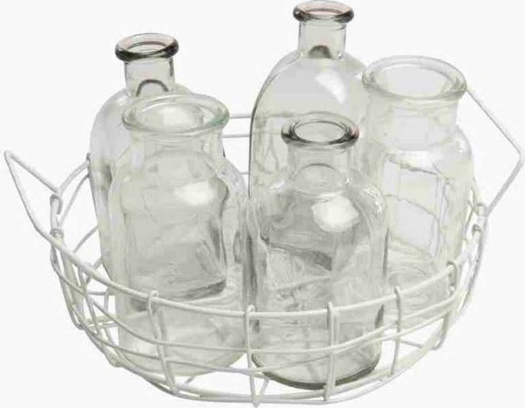nature trends Draht-Korb Weiß mit 6 Glas-Flaschen rund Ø 22 cm x 5,5 cm