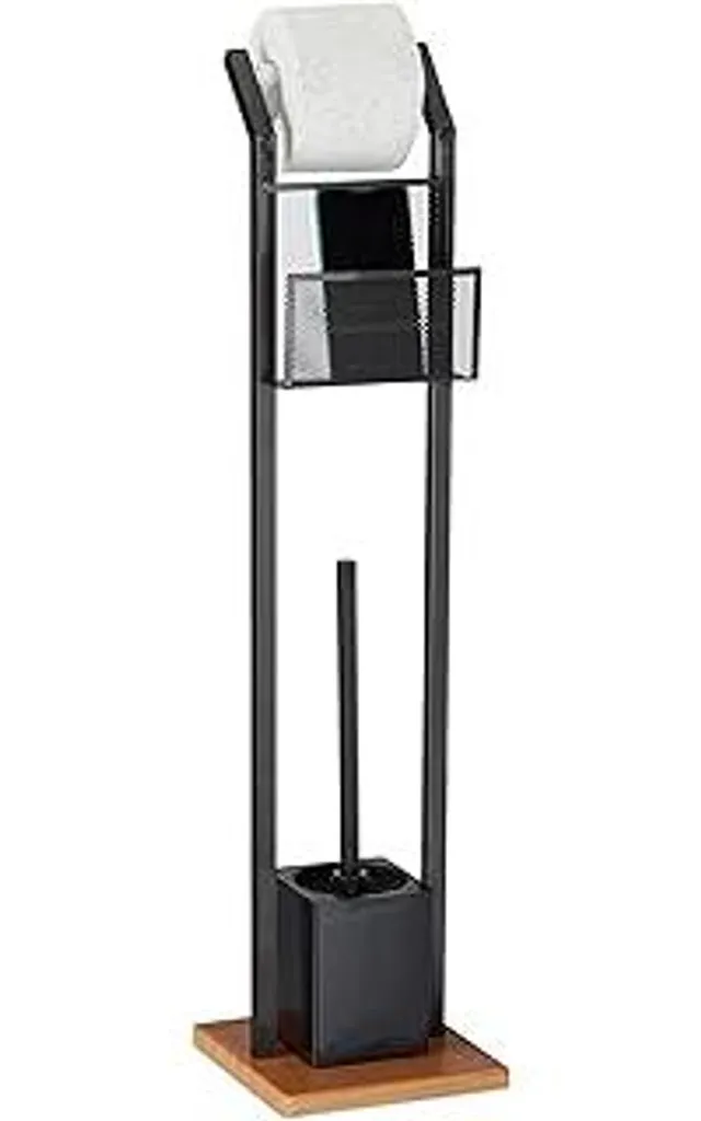 Set Bagno Relaxdays Nero & Legno: Piantana Design con Portarotolo