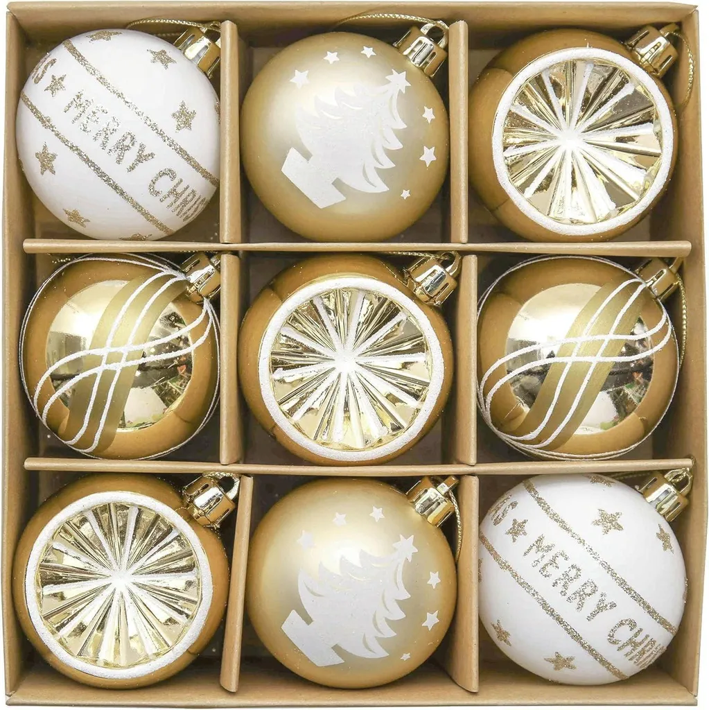 Boules de Noël Incassables 6cm Or et Blanc : Design Peint à la Main 9pcs
