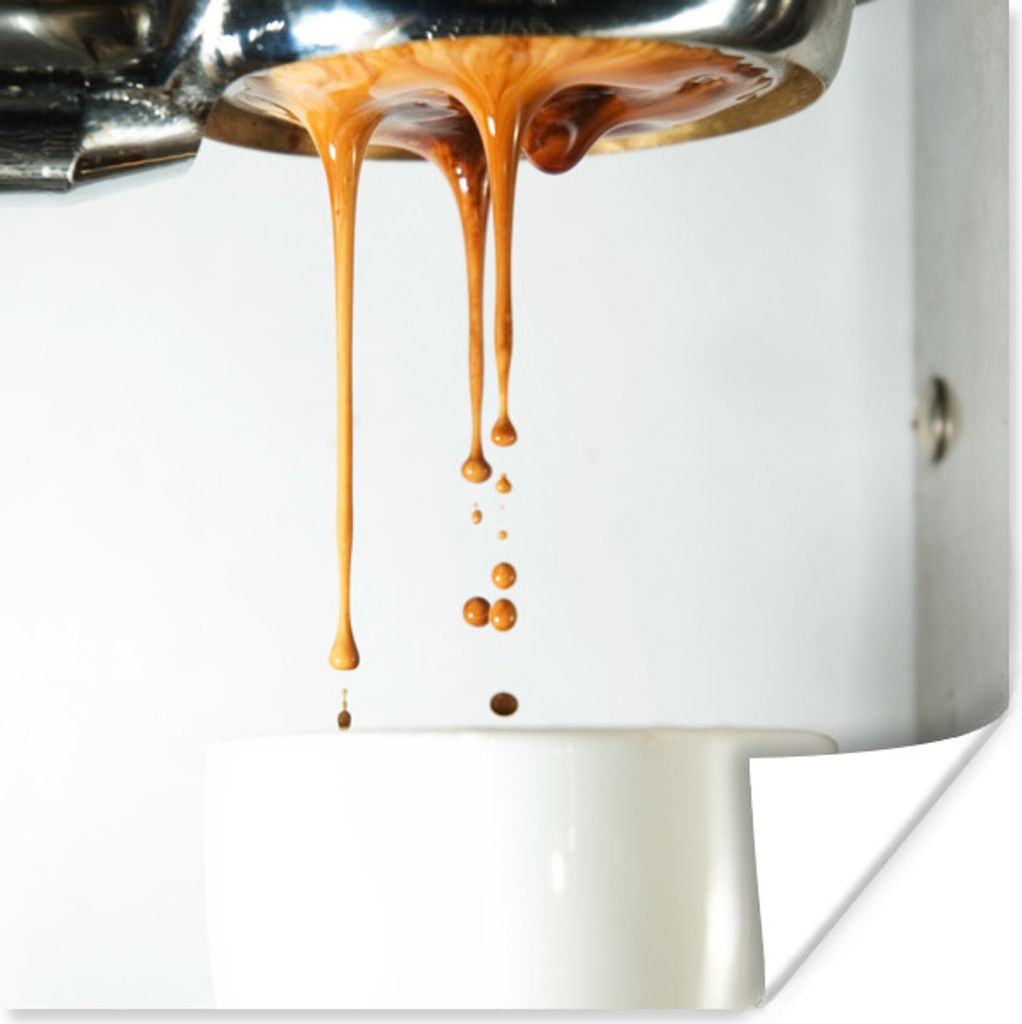 MuchoWow Poster Der Kaffee fließt aus der Kaffeemaschine in die Kaffeetasse 50x50 cm - Wohnzimmerdekoration