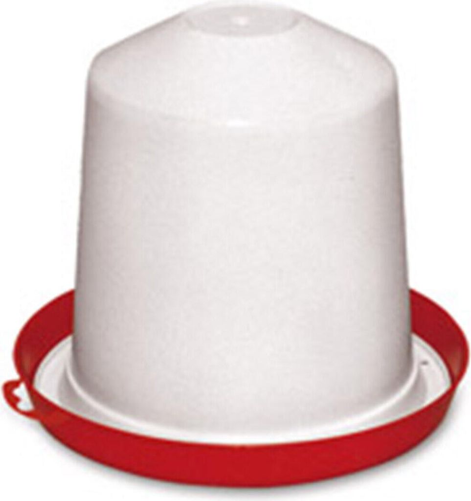 A white poultry drinker with a red base, isolated on a white background.
