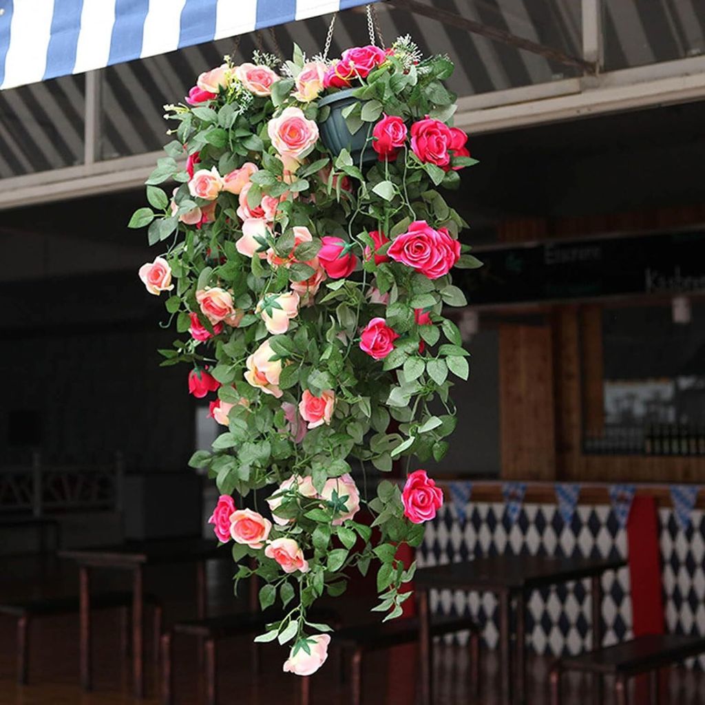 2 Stück Künstliche Hängende Blumen Für Draußen – UV-beständig, Aus Kunstseide, Violett, Je 58 Cm Lang – Für Terrasse, Balkon, Garten, Als Deko