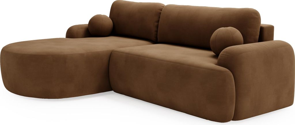 BETTSO Elegante braune CLOUDY-Ecke links aus Velourstoff mit abgerundeten Seiten und dekorativen kugelförmigen Kissen
