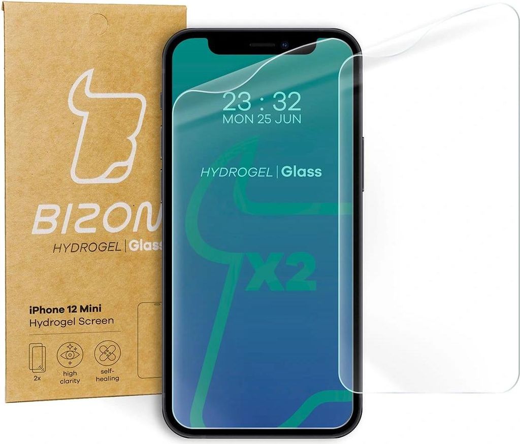 Bizon Glass Hydrogel Displayschutzfolie, iPhone 12 Mini, 2 Stück