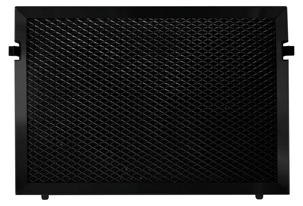 A black carbon filter with a diamond-shaped mesh grid is shown against a black background.