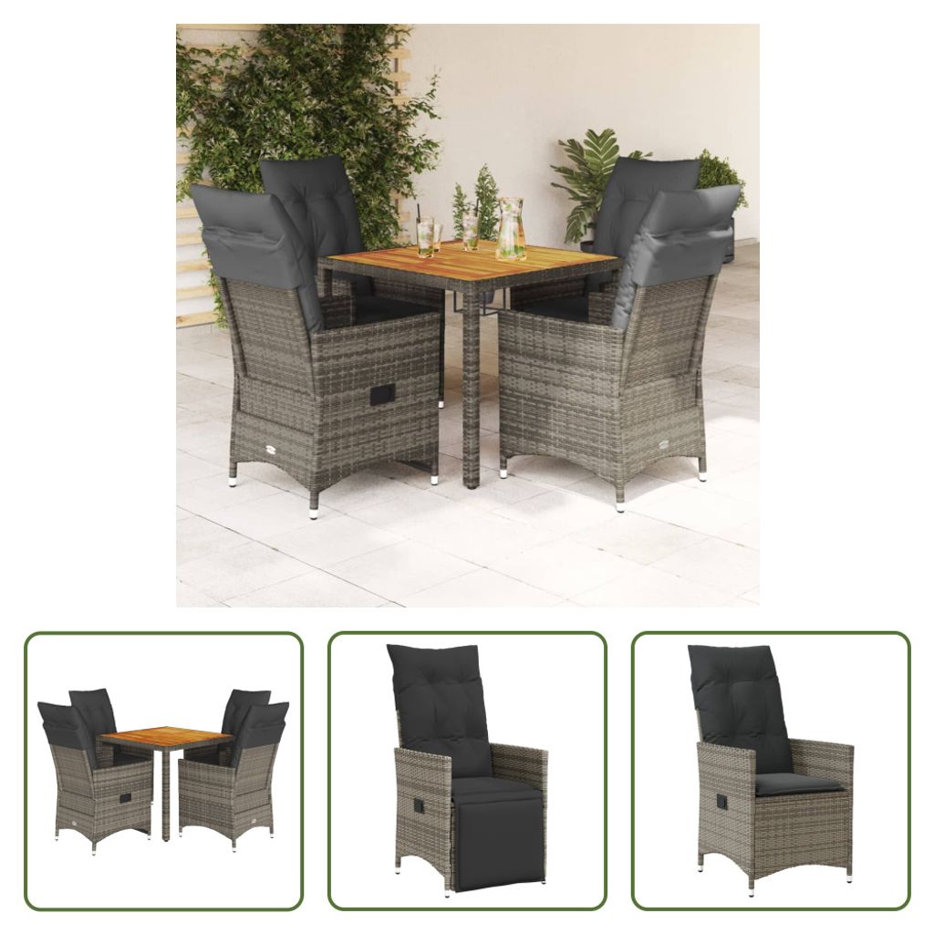 The Living Store 5-tlg. Garten-Essgruppe mit Kissen Grau Poly Rattan