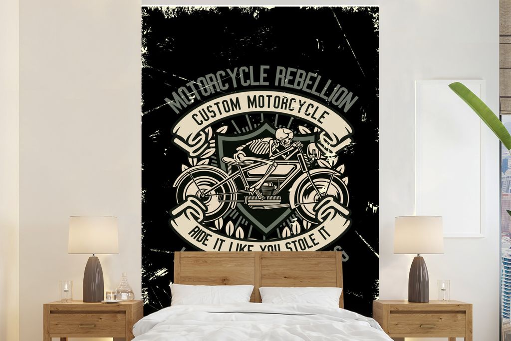 MuchoWow Fototapete für Wohnzimmer oder Schlafzimmer Wandtapete Vinyl Motivtapete Motorrad - Skelett - Retro - Zitat - 180x280 cm - Wallpaper