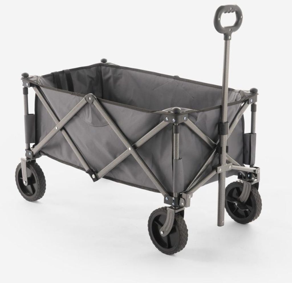 A gray foldable garden wagon with four wheels and a handle is shown against a white background.