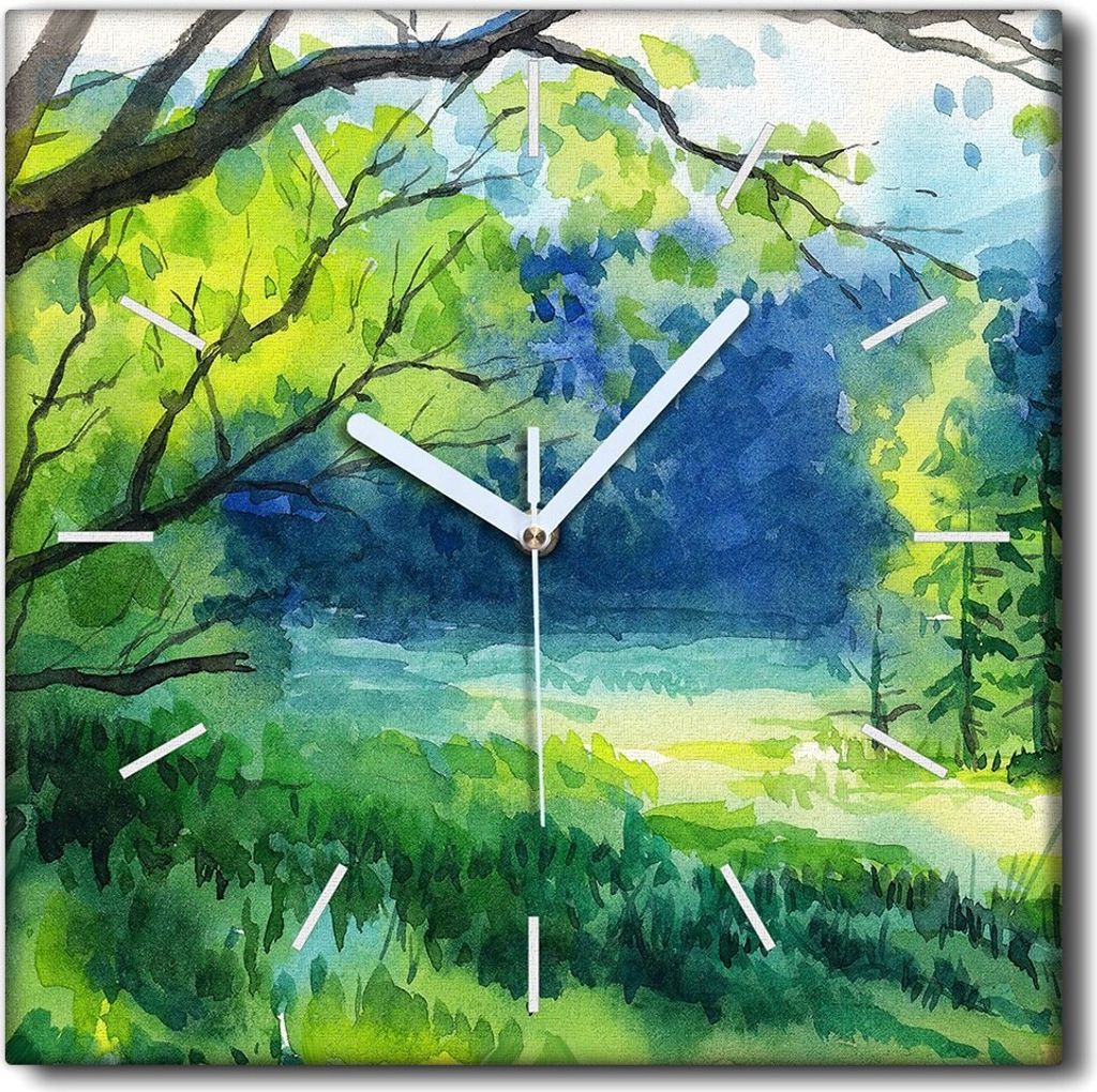 Coloray Uhr auf Leinwand 30x30 cm Wand Uhr Dekoration Wohnzimmer Segeltuch weiße Zeiger -Waldgrasbäume