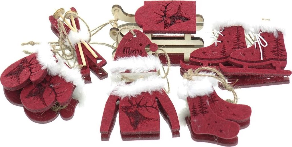 GASPER Weihnachtsanhänger Wintersport Rot 6 teiliges Set - Filz & Holz