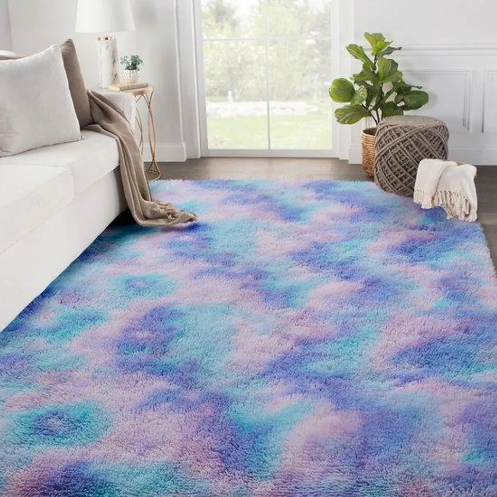 Tapis lavable antidérapant 120x180 cm en peluche turquoise et violet