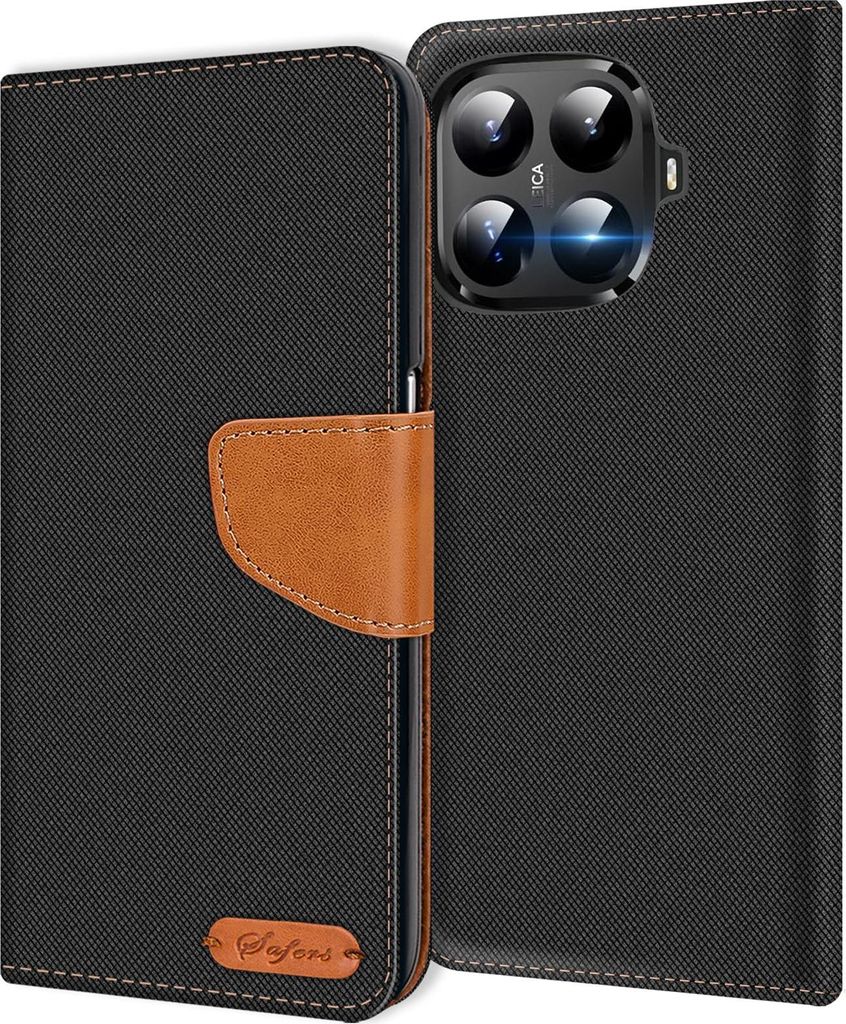 A black flip case for a smartphone is shown, with a brown leather strap closure and a small brown logo on the bottom left.