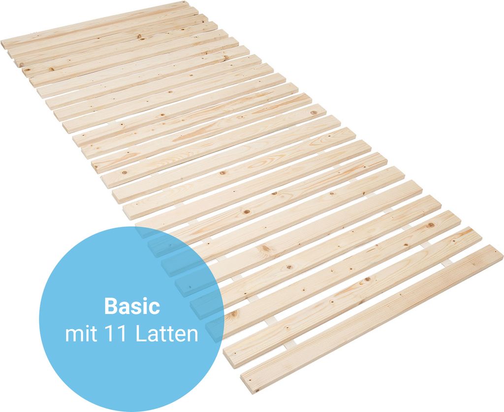 A wooden bed slatted base is shown against a white background, with a blue circular overlay in the lower left corner containing text.