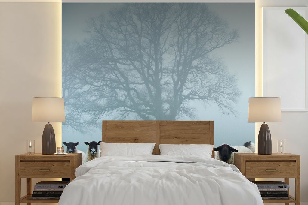 MuchoWow Fototapete für Wohnzimmer oder Schlafzimmer Wandtapete Vinyl Motivtapete Schaf - Baum - Nebel - 280x280 cm - Hintergrundbild